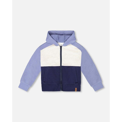 Deux par Deux Boy French Terry Color Block Full Zipper Hoodie Sweatshirt Blue, Navy and Cream
