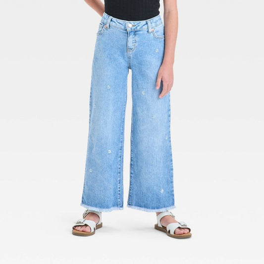 Girls' Mid-Rise Floral Embroidery Wide Leg Jeans - Cat & Jack™ Light Wash