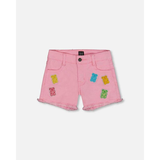 Deux par Deux Girl Jean Short with Embroidery Pink and Multicolored Gummies