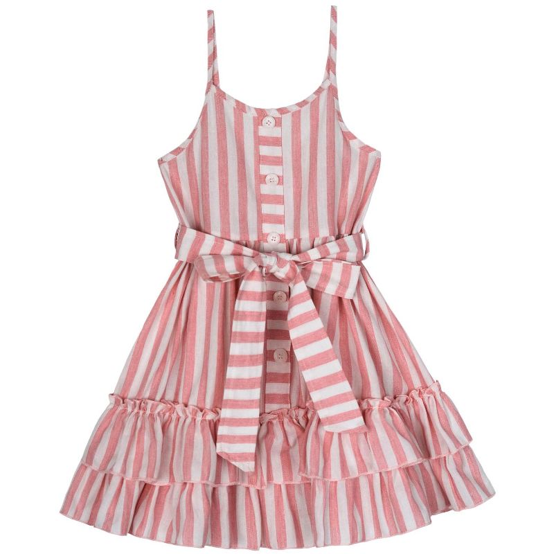 Pink Candy Stripe Button-Up Linen Ruffle Dress Mia Belle Girls