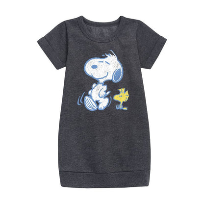 Girls' - Peanuts - Snoopy And Woodstock Pastels Graphic Short Sleeve Fleece Dress