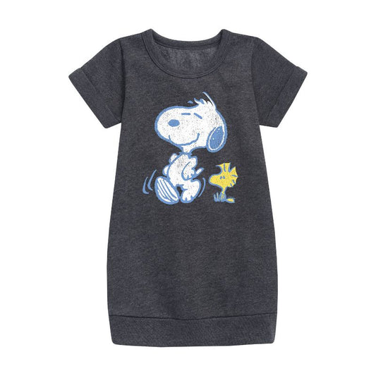 Girls' - Peanuts - Snoopy And Woodstock Pastels Graphic Short Sleeve Fleece Dress