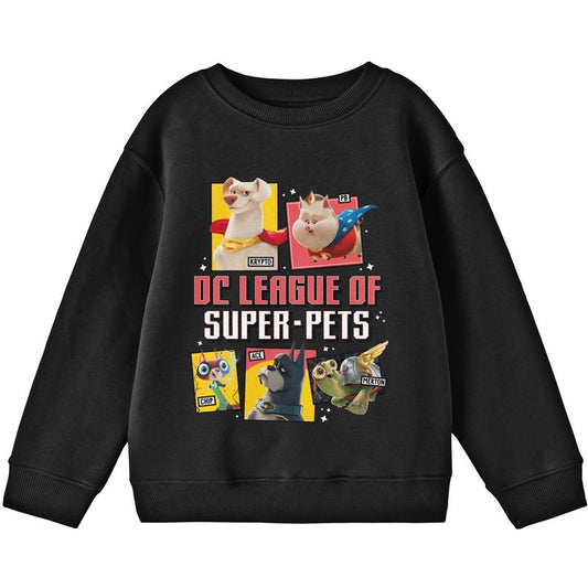 DC League of Super Pets Characters and Title Logo Youth Black Crew Neck Sweatshirt