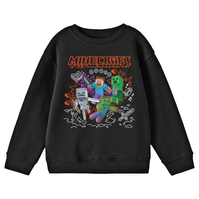 Minecraft Steve and Mobs with Doodle Background Youth Black Crew Neck Sweatshirt
