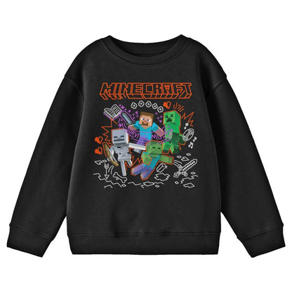 Minecraft Steve and Mobs with Doodle Background Youth Black Crew Neck Sweatshirt