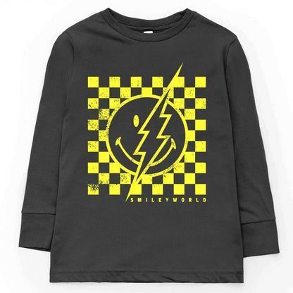 تي شيرت شبابي بأكمام طويلة من مجموعة The Juniper Shop SmileyWorld Checkered Lightning Distressed Youth