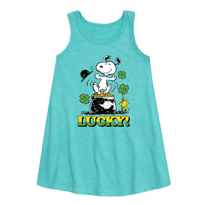 Girls' - Peanuts - Lucky Snoopy Graphic Sleeveless Aline Dress