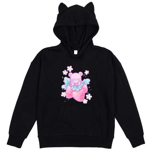Strawberry Bear Youth Black Long Sleeve Hooded Sweatshirt With 3D Ears