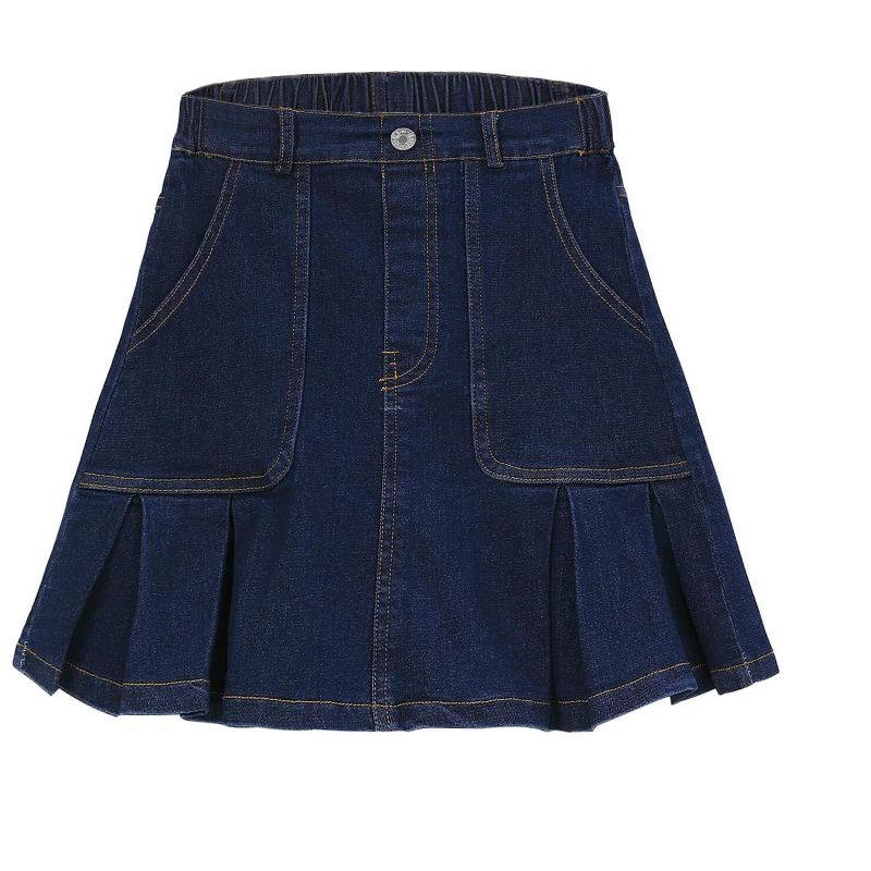 Girls Denim Skirts with Side Pockets Pleated Hem Skirts Casual Mini Denim Skirts