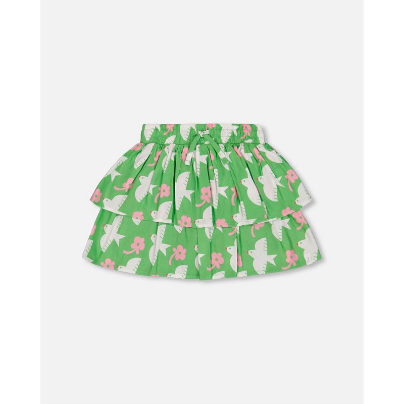 Deux par Deux Girl Tiered Elastic Waist Skirt Green with White and Pink Bird