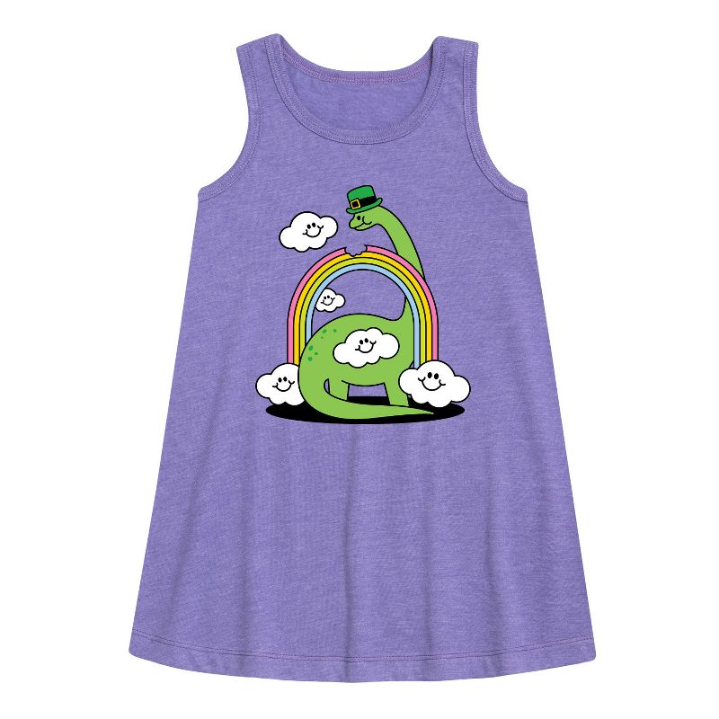 Girls' - Instant Message - St. Patrick's Day Dinosaur Eatting Rainbow Graphic Sleeveless Aline Dress