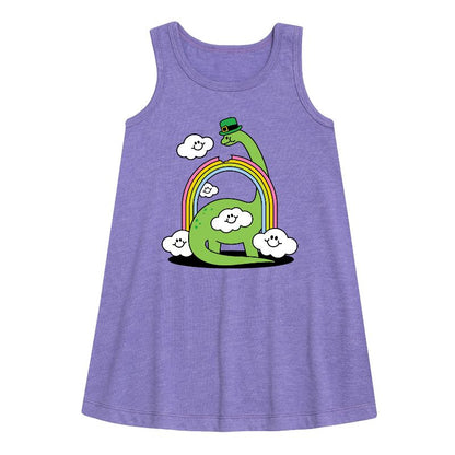 Girls' - Instant Message - St. Patrick's Day Dinosaur Eatting Rainbow Graphic Sleeveless Aline Dress