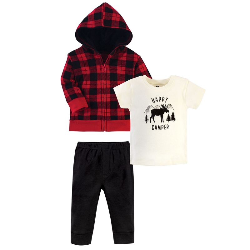 Hudson Baby Infant and Toddler Boy Cotton Hoodie, Bodysuit or Tee Top and Pant Set, Plaid Moose Toddler