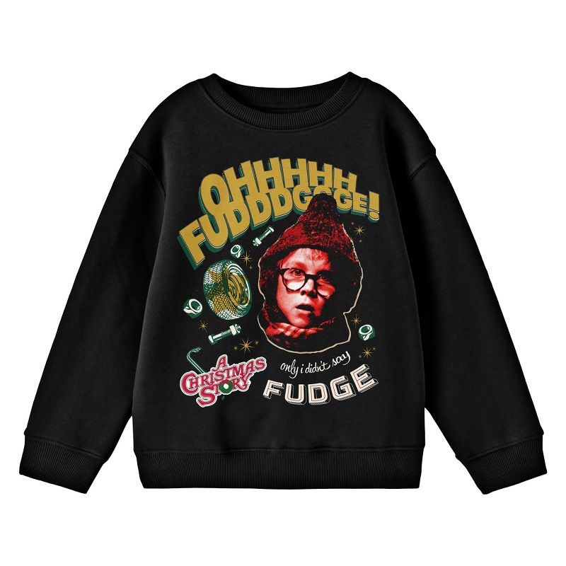A Christmas Story Oh Fudge Crew Neck Long Sleeve Youth Black Sweatshirt