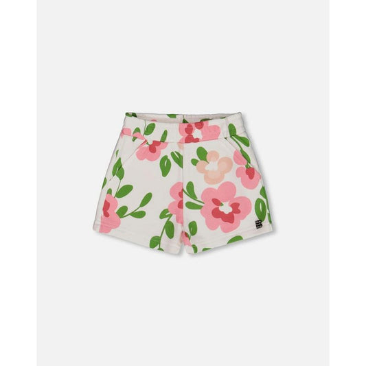 Deux par Deux Girl Printed French Terry Short Pink Flowers on White Background