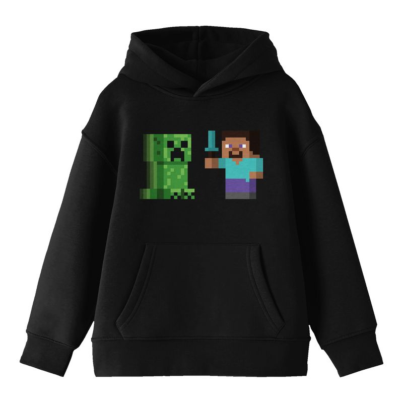 Minecraft Steve & Creeper Long Sleeve Youth Black Hooded Sweatshirt