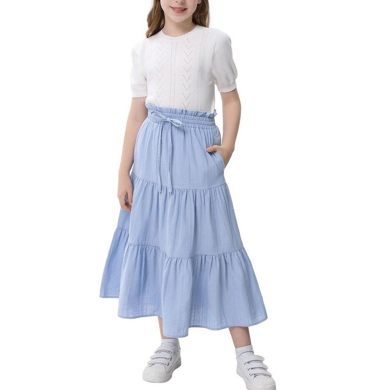 Maxi Skorts Skirt for Girls Button Front Ruffle High Waisted Long Skirts with Belt and Pocket 3-12 Years