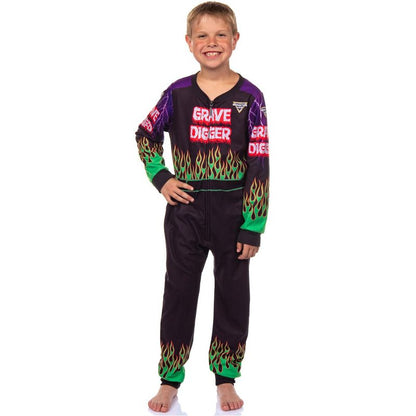 Monster Jam Grave Digger Boys' Union Suit Kids Fleece One Piece Pajamas