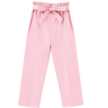 Girls High Waist Paperbag Pants Casual Fit Tapered Trousers with Pockets