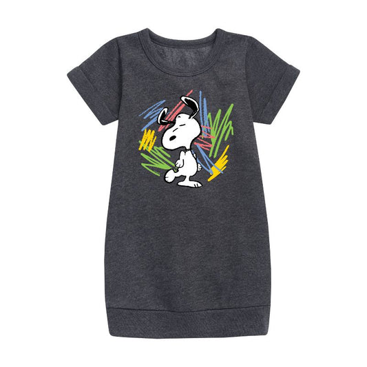 Girls' - Peanuts - Dancing Snoopy Scribbles Graphic Short Sleeve Fleece Dress