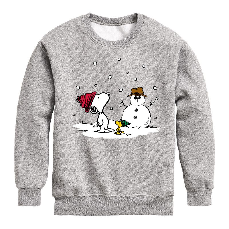 Boys' - Peanuts - Snoopy Woodstock Snowman Graphic Long Sleeve Fleece Sweatshirt