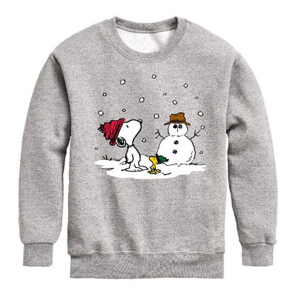 Boys' - Peanuts - Snoopy Woodstock Snowman Graphic Long Sleeve Fleece Sweatshirt