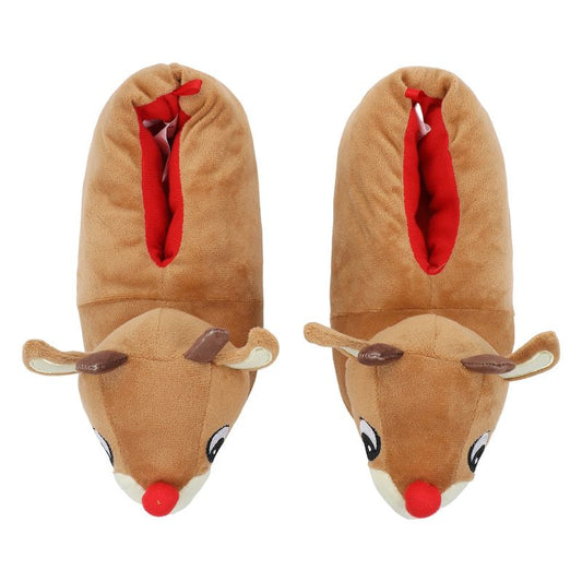 Rudolph The Red-Nosed Reindeer 3D Character Head Youth Brown Plush Slippers