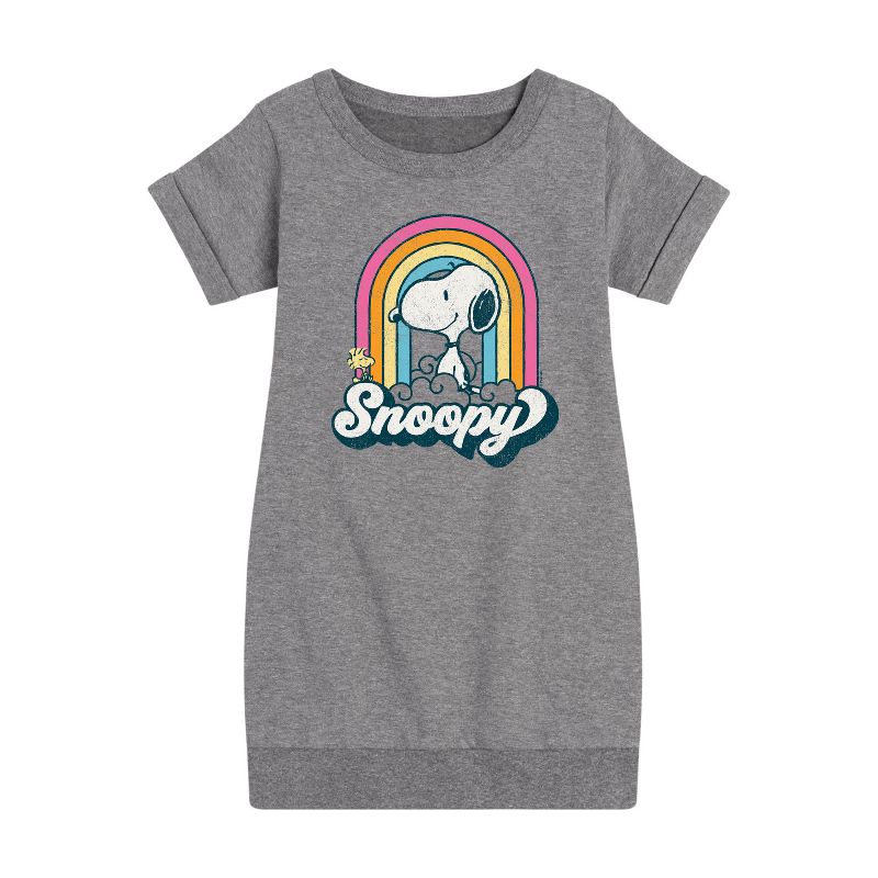 Girls' - Peanuts - Snoopy Rainbow Clouds Graphic Short Sleeve Fleece Dress