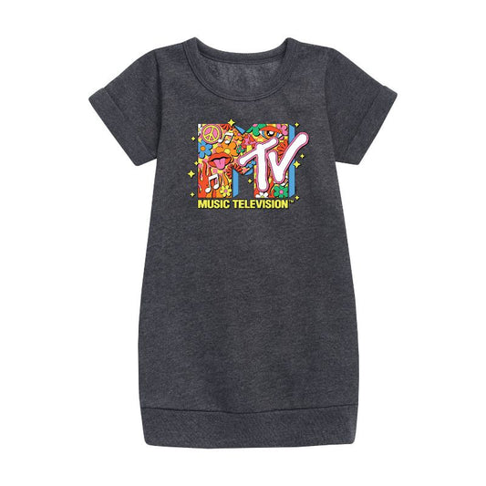 Girls' - MTV - Logo Retro Collage Graphic Short Sleeve Fleece Dress