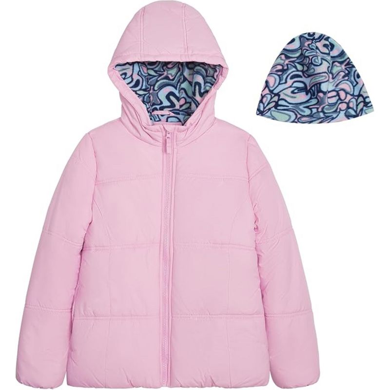 LONDON FOG Big Girls' Heavyweight Fleece Lined Puffer Jacket with Beanie Hat