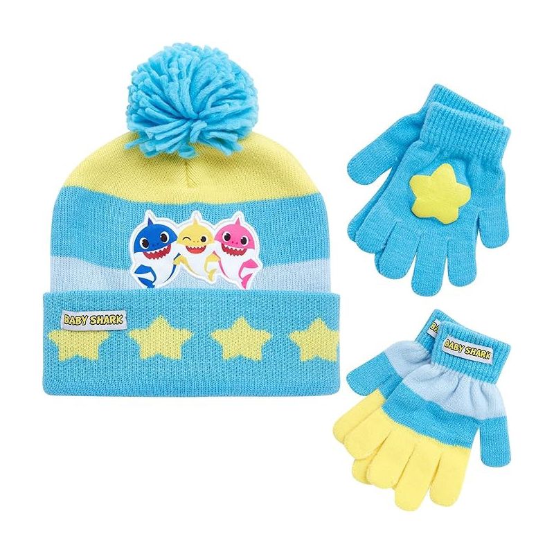 Baby Shark Boys Winter Hat and 2 pairs Gloves or Mittens Set, Kids Ages 2-7