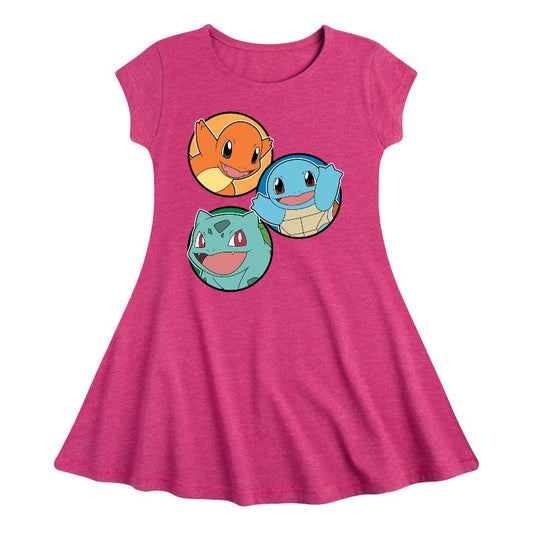 Girls' - Pokémon - Squirtle, Bulbasaur, & Charmander Group Fit & Flair Cap Sleeve Dress