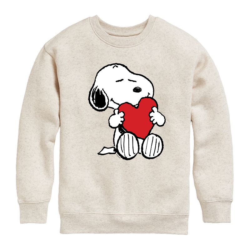 Boys' - Peanuts - Valentine's Hugging Heart Graphic Long Sleeve Fleece Sweatshirt