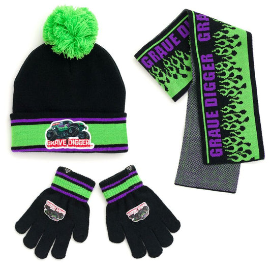 مجموعة إكسسوارات شتوية مكونة من 3 قطع وشاح وقفازات للأطفال من Monster Jam Grave Digger Monster Truck