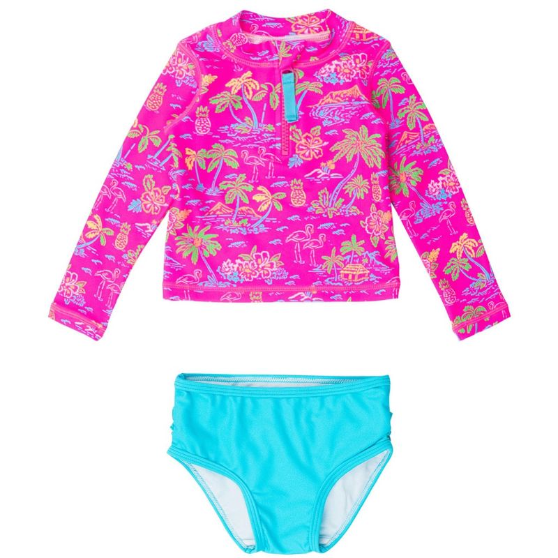 RuffleButts Baby/Toddler Girls UPF50+ Long Sleeve Zipper Rash Guard 2-Piece