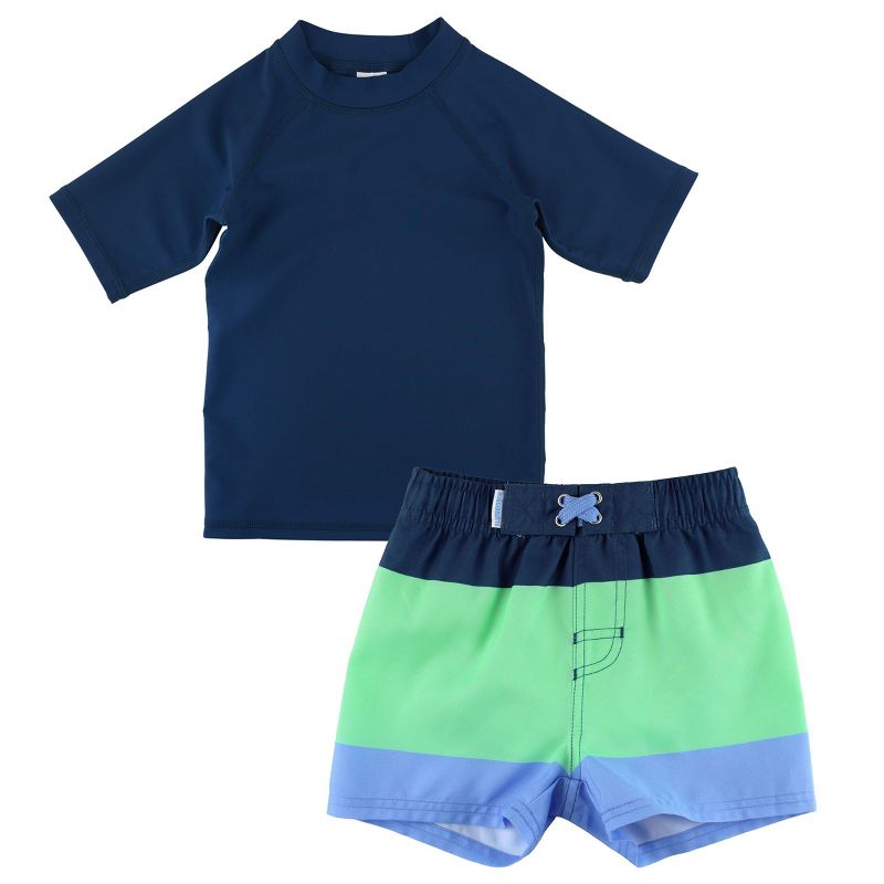RuggedButts Navy Short Sleeve RashGuard and Mint Colorblock Swim Trunk