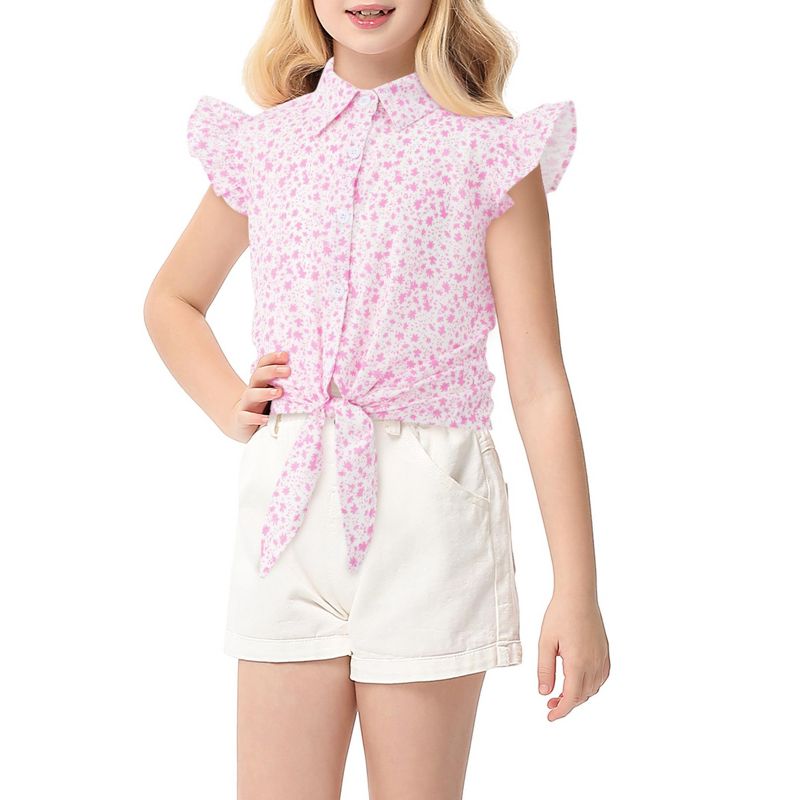Girls Tie Front Knot Tops with Ruffle Sleeve Plaid Tops Tie Front Blouse Short Sleeve Button Down Shirts for Toddler Girls