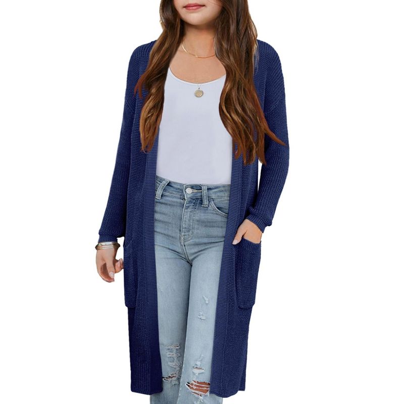 Girls Knee Length Cardigan Long Sleeve Open Front Sweater with Side Pockets