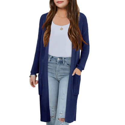 Girls Knee Length Cardigan Long Sleeve Open Front Sweater with Side Pockets