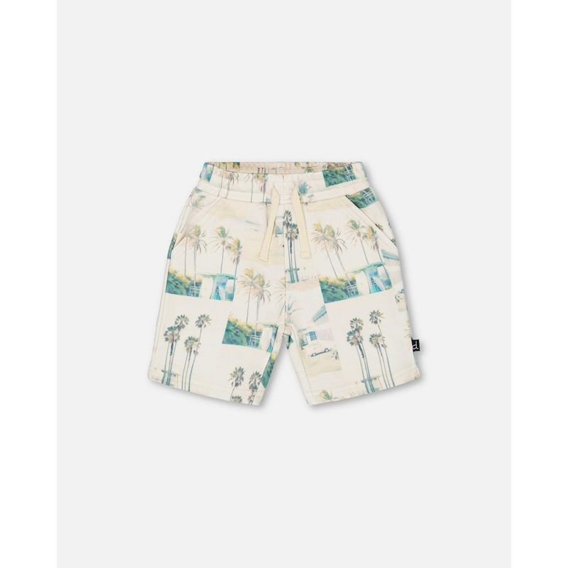 Deux par Deux Boy Printed French Terry Short Beige Palm Tree and Teal