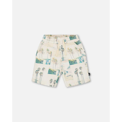 Deux par Deux Boy Printed French Terry Short Beige Palm Tree and Teal