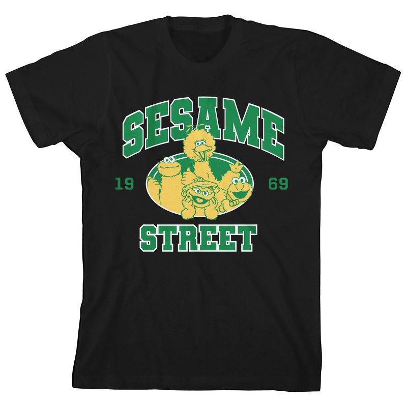 Sesame Street Core Characters Varsity Text Crew Neck Short Sleeve Boy's Black T-shirt