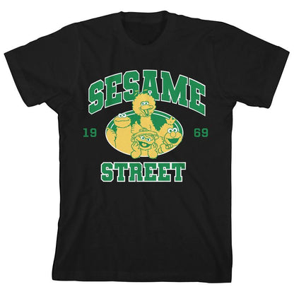 Sesame Street Core Characters Varsity Text Crew Neck Short Sleeve Boy's Black T-shirt