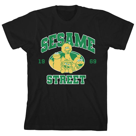 Sesame Street Core Characters Varsity Text Crew Neck Short Sleeve Boy's Black T-shirt