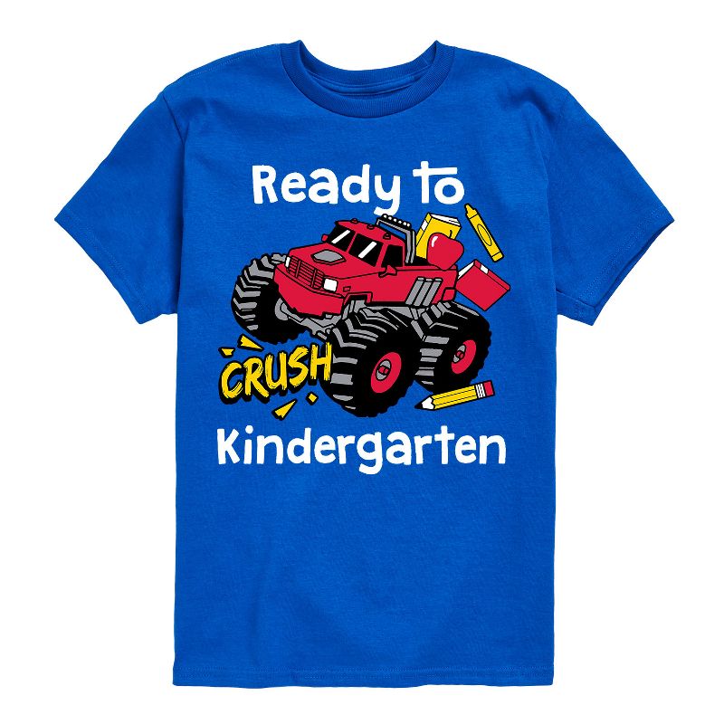 تي شيرت جرافيكي بأكمام قصيرة للأولاد - رسالة فورية - شاحنة وحش جاهزة للسحق - روضة أطفال