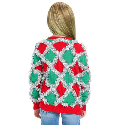 سترة عيد الميلاد القبيحة المزخرفة بشرائط لامعة من Tipsy Elves Kids - سترة عيد الميلاد القبيحة المضحكة لحفلات الأعياد