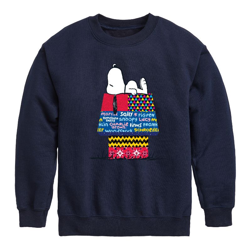 Boys' - Peanuts - Snoopy Patchwork Doghouse Graphic Long Sleeve Fleece Sweatshirt