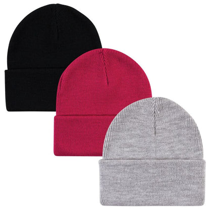 Hudson Baby Infant Girl Knit Cuffed Beanie 3pk, Dark Pink