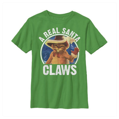 Boy's Shrek Christmas Santa Claws Puss in Boots T-Shirt