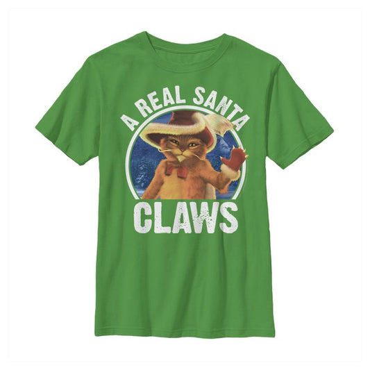 Boy's Shrek Christmas Santa Claws Puss in Boots T-Shirt